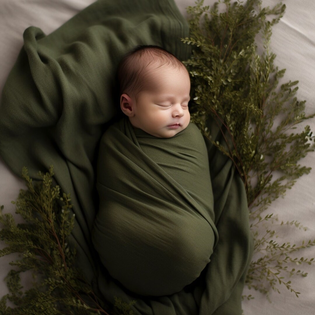Baby Boy Solid Olive Green Swaddle Blanket Set, Plain Moss Color Beanie