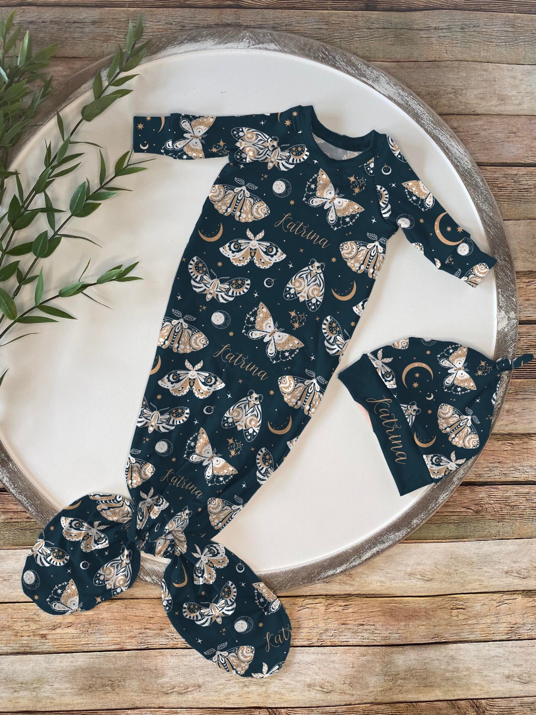 Celestial Butterflies Personalized Knotted Gown, Baby Girl Custom Name Moons & Stars Newborn