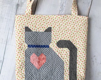 Customizable quilted and lined kitty cat tote, quilted bag, gift for her