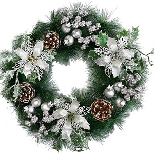 Fashionikon Silver/Gold Christmas Wreath Decoration Interwoven with Golden Pine Cones, Snow Flower Leaves and Berries Glitter Finish 35cm