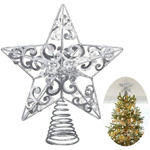 Fashionikon Christmas Tree Toppers Star Hollow-Line Silver Metallic Christmas Tree Decors Star Ornaments 25cm For Home Office School