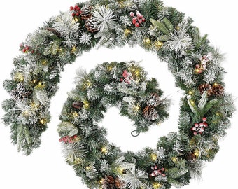 Snow Frosted Christmas Garland 270cm Decorated with Red Berries, Pines and Snowflakes Illuminated with 20 Warm Yellow LED Lights