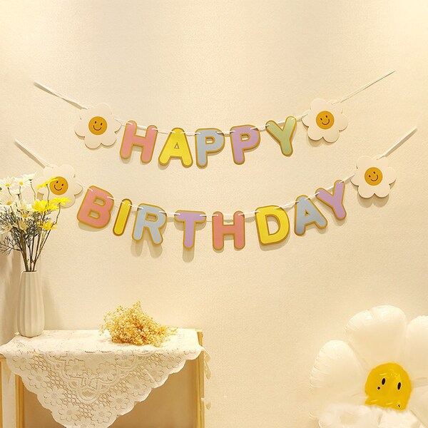 Daisy Flower Theme Happy Birthday Banner Made of NON WOVEN Cloth/Gloss Paper Flower Party Birthday Banner
