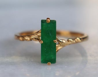 Green Jade Bar Ring, 14k Gold Plated Sterling Silver