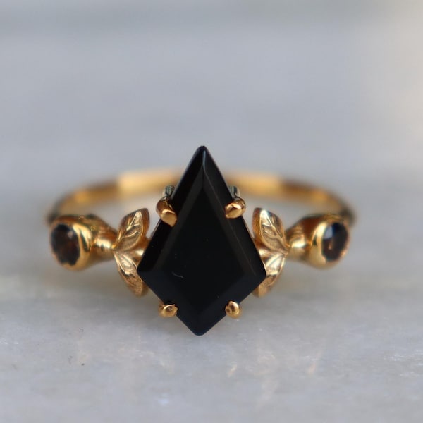 Kite Black Onyx Ring, Smokey Quartz, 14k Gold Plated Ring