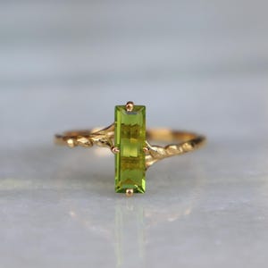 Nature-Inspired Long Baguette Cut Peridot Ring, Silver Leaf Ring, 925 Sterling Silver Ring, 18K Gold Plated Ring, Wedding Women's Ring
