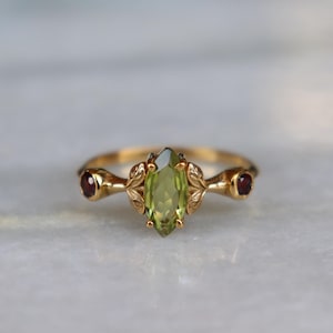 Art Deco Peridot Leaf Ring, 18K Gold Plated Sterling Silver Nature Ring