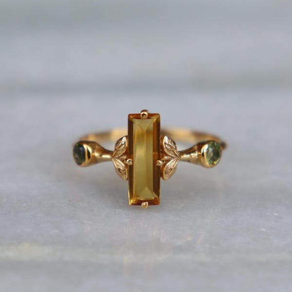 Art Deco Citrine Peridot Sterling Silver Ring, Nature Inspired Leaves Design