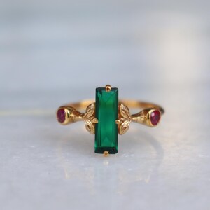 Baguette Cut Emerald Ruby Sterling Silver Ring, Handmade Women's Promise Ring