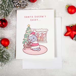 Cartões de felicitações | Feitos à mão | Cartão de Natal | Cartões de felicitações engraçados | Cartão de Natal de gato | Natal do Papai Noel | "Papai Noel não existe" com TuziNeko