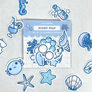 Paquete de pegatinas / Pegatinas kawaii para diario y decoración / Papelería / Tema del mar azul océano / Juego de 25 pegatinas "Ocean Blue" de STUDIOMELON
