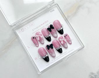 Handmade Medium Almond Press-On Nails | Pink, Black, Bow Accents (Size Small)