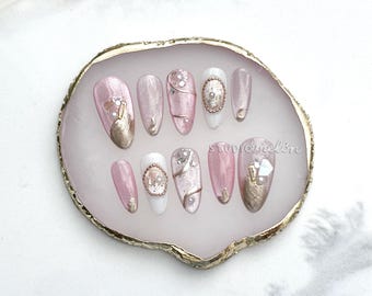 Handmade Press-on Nails | Ethereal Cat-Eye Pink and Gold with Shell, Pearls, Rhinestone