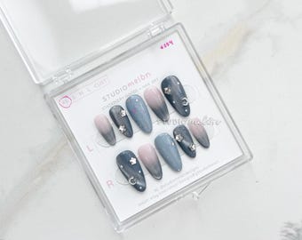 Handmade Medium Almond Press-On Nails | Blue and Silver, Cat eye, Star Moon Charms | XS