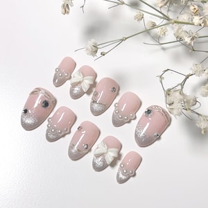 Handmade Press-On Nails | Cute Pink and White Nails | Silver Cat Eye Gel Nails | Reusable | Pink Pearls Gem Nails | Elegant Press-On Nails