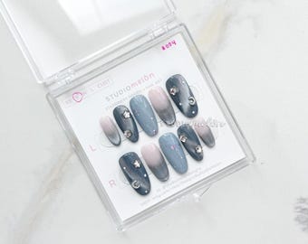 Handmade Medium Round Press-On Nails | Blue and Silver, Cat eye, Star Moon Charms | Size S