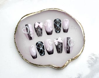 Handmade Press-on Nails | Jirai Kei Pink and Black, Bow, Pearls, Hearts