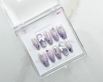 Handmade Medium Ballerina Press-On Nails | Lavender Glitter Gem Pearl Bow Detail (Size Small)