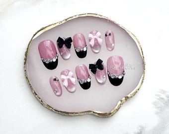 Handmade Press-on Nails | Jirai Kei Pink and Black, Bow, Pearls, Hearts