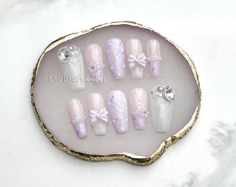 Handmade Press-on Nails | Lavender Purple with Glitter, Bow, Rhinestone and Pearls