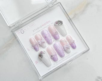 Handmade Medium Ballerina Press-On Nails | Lavender White Gem Bow Detail (Size Small)