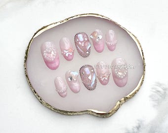 Handmade Press-on Nails | Pink Cat-Eye with Gems, Pearls, and Chain
