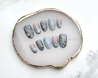 Handmade Press-on Nails | Blue and Neutral with Stars, Moon, Rhinestone