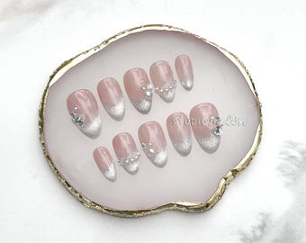 Handmade Press-On Nails | Beige and Neutral with Silver Cats eye, Rhinestone, and Pearls