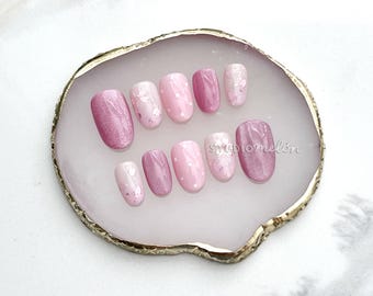 Handmade Press-on Nails | Pink Cat-Eye with Cherry Blossom Sakura, Pearls