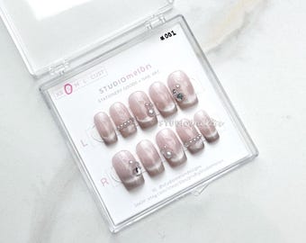 Handmade Short Square Press-On Nails | Beige Silver Gem Accents (Size Small)