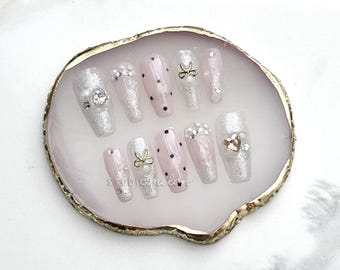 Handmade Press-on Nails | Elegant White and Pink, Black Polka-dot, Bow, Rhinestone, Pearls