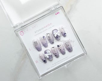 Handmade Short Ballerina Press-On Nails | Lavender Glitter Gem Pearl Bow Detail (Size X-Small)