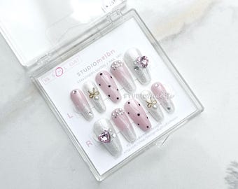 Handmade Medium Ballerina Press-On Nails | Pink, White, Glitter, Heart Charms