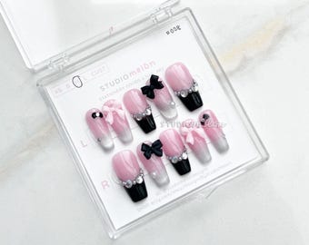 Handmade Medium Ballerina Press-On Nails | Pink, Black, Bow Detail
