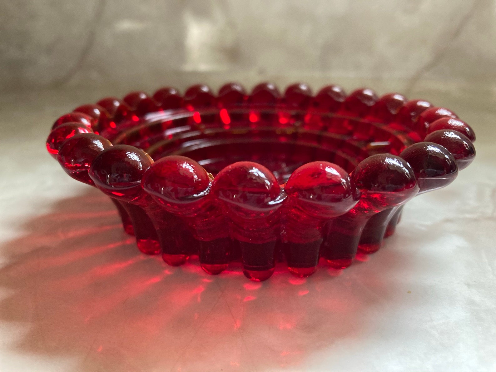 Vintage Ruby Red Glass Candle Holder Dish Beaded Edge Etsy