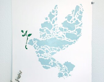 Peace dove hand stenciled print with world countries