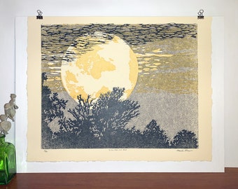 To the Moon and Back linocut print with world map