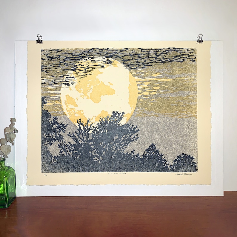 To the Moon and Back linocut print with world map image 1