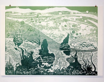 World Ecosystem woodcut print with upside down world map