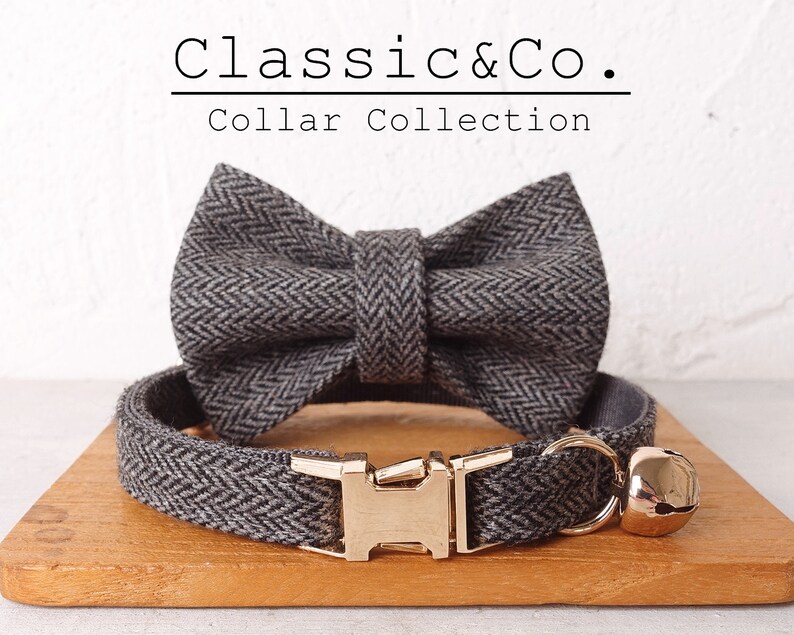 Dark Grey Tweed Fabric Cat Collar Bow Tie Setside Open Gold Etsy UK