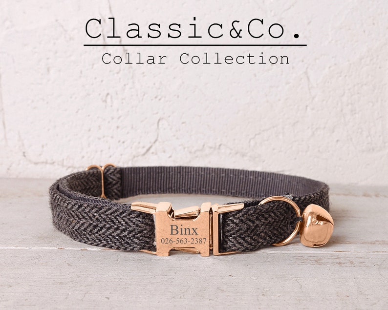 Dark Grey Tweed Fabric Cat Collar Bow Tie Setside Open Gold Etsy