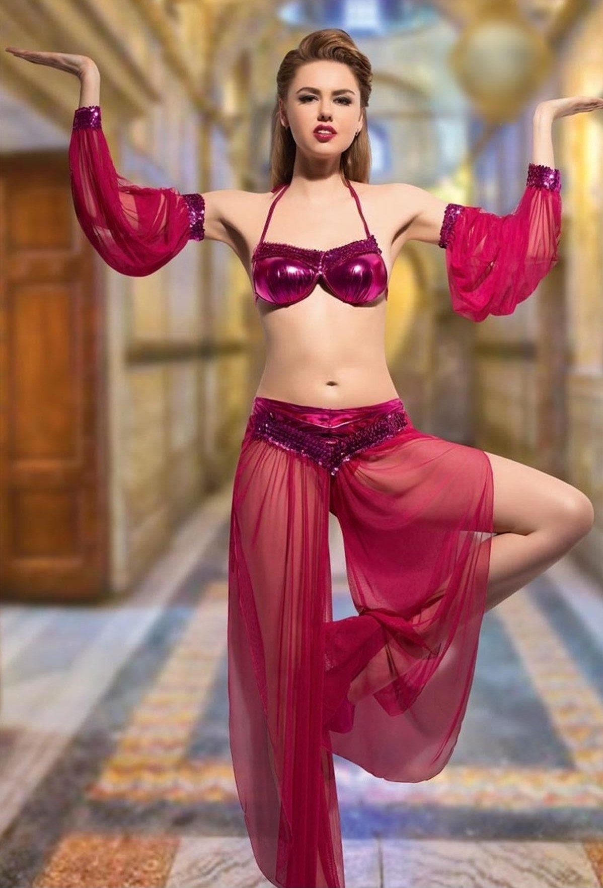 Déguisement danseuse du ventre femme violet (top, chemise, pantalon, coiffe)