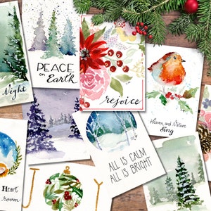Digitale download kerstkaarten aquarel | Afdrukbare pdf- en png-download | Christelijke kaarten | Advent | Citaten over kerstliederen | Kerstcadeau