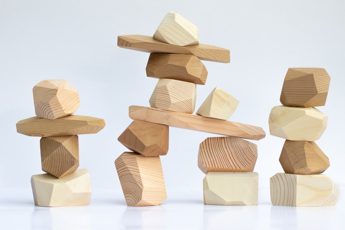 West Coast Natural Wood Rock Blocks Geometric Stacking Etsy