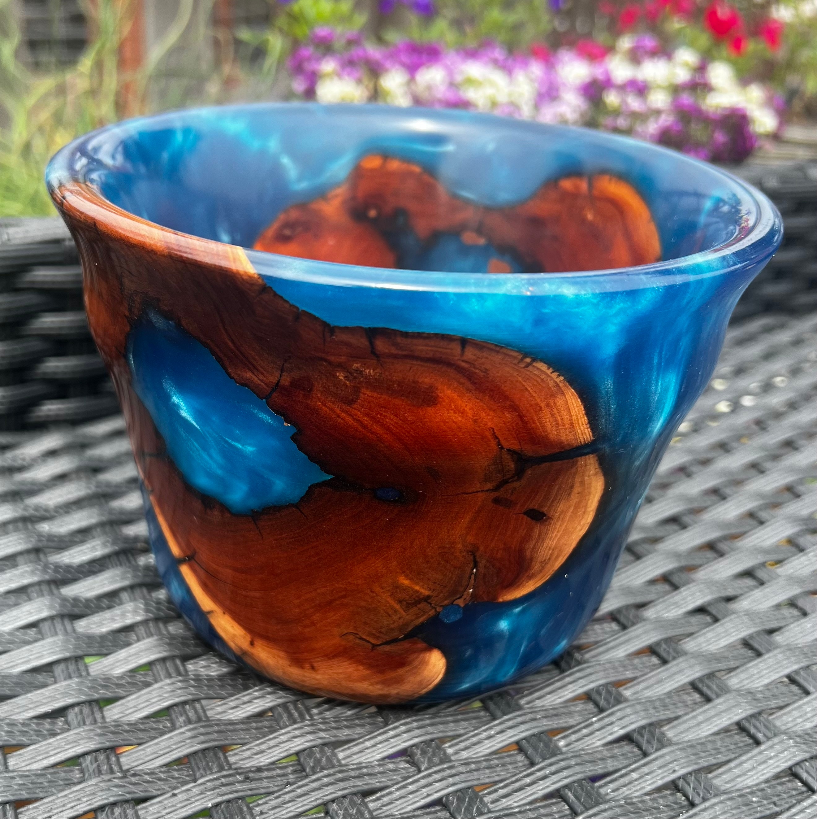 pecan wood bowl with electric blue epoxy resin inlay