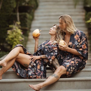 Set of 2 Black Matching Silk Kimono Robe, Luxury Resort Wear For Couples, Two Satin Vacation Robes, Destination wedding honeymoon essentials