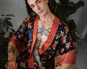 Traditional mens silk kimono robe, Oversized plus size dressing gown, Luxury loungewear bathrobe for man, gift for husband, boyfriend,  Bali