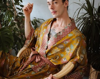 Boheme mens silk kimono robe, Oversized plus size dressing gown, Luxury sleepwear pyjamas for man, House robe gift for husband, boyfriend