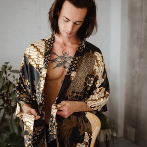 Black and gold mens silk kimono robe, Boheme silk dressing gown for man, Luxury long satin bathrobe, Birthday present for husband, boyfriend image 1