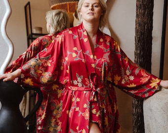 Red plus size dressing gown for woman, Silk blend kimono robe for curvy lady, Lounge Wear, Luxury gift for new mom after birth